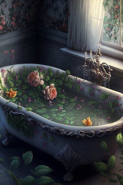 Old bathtub overgrown in flowers, generative ai