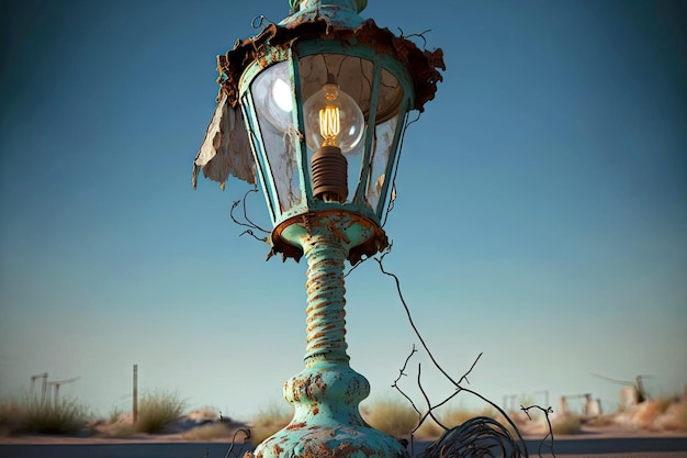 Old battered lamp post with light bulb on sky