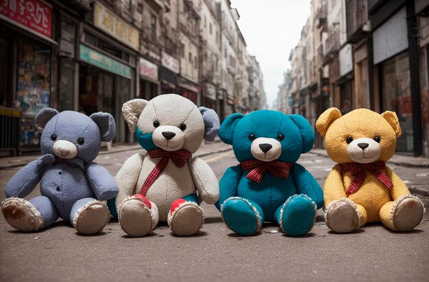 Old and battered soft toys lie on the street The dump of the abandoned toys Generative AI