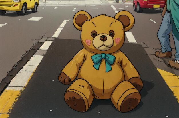 Old and battered teddy bear soft toy lie on the street Generative AI