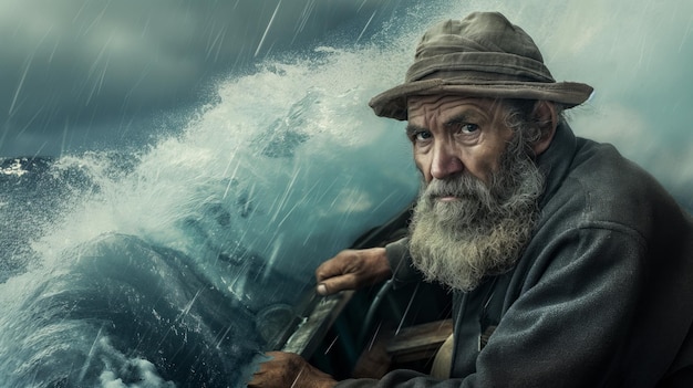 Old bearded fisherman taking on his boat at sea during storm in the ocean portrait