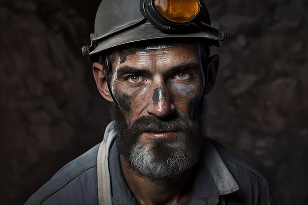 Старый бородатый шахтер в каске с грязным лицом смотрит в камеру Иллюстрация портрета рабочего
