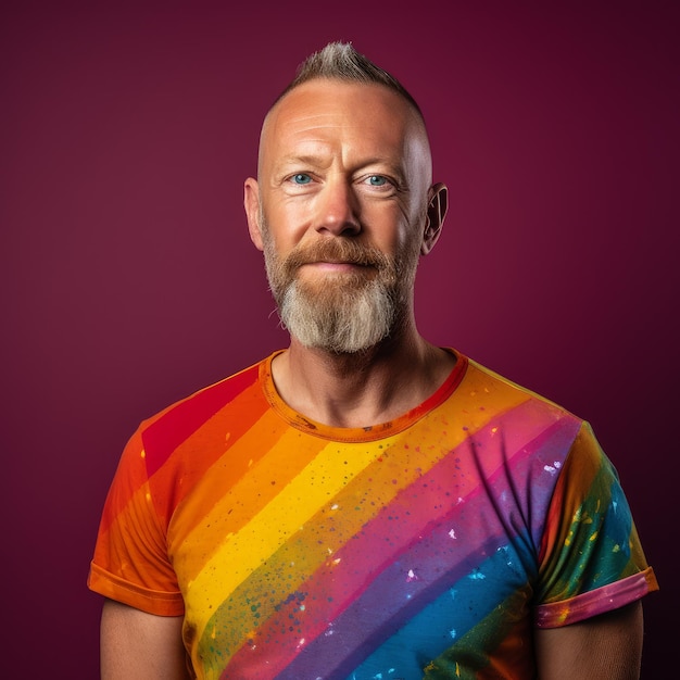 Old bearded man bleached short hair wearing rainbow tee shirt in studio Ai Generated