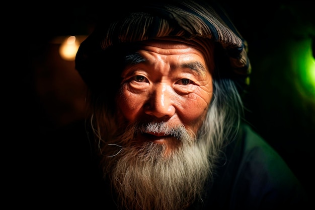 凝視の生成 AI を持つ年配のひげを生やした賢明な中国の村人