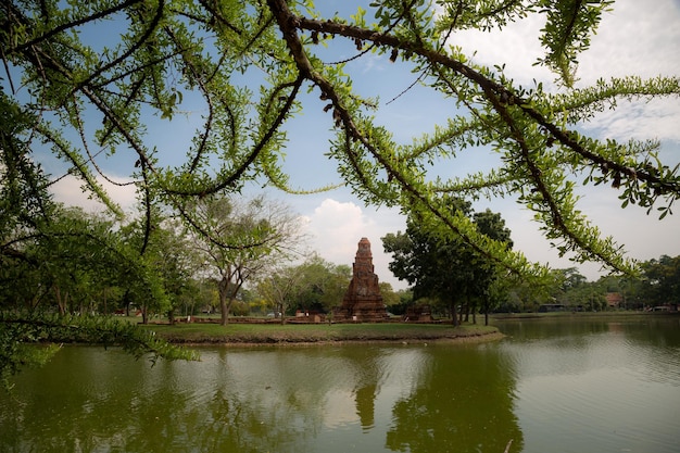 古い美しいタイの寺院ワットマハタートアユタヤ歴史公園アユタヤタイ歴史公園の緑の部分