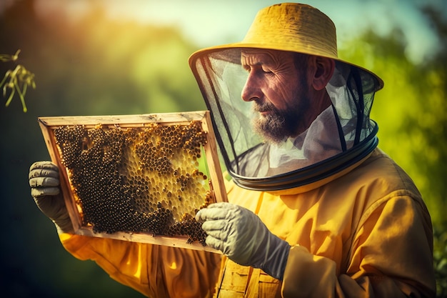 An old beekeeper holds a frame with bees in his hands Generative AI 1