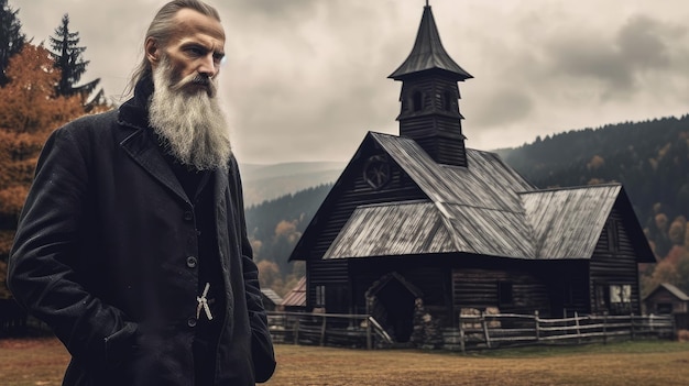 old believer on the background of an old wooden church in the mountains