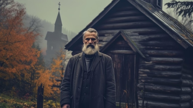 old believer on the background of an old wooden church in the mountains