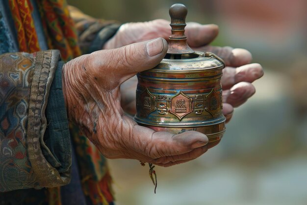 古いブータン人がチベットの祈りの車輪を握っている ティンフ・ブータン