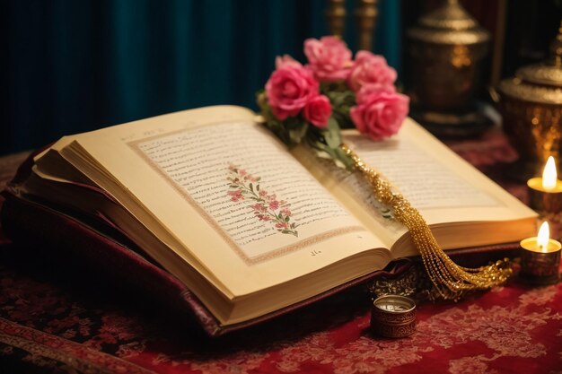 Photo old bible on a red background with a candle and a red rose