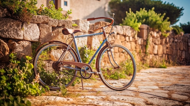 ヨーロッパの古い町の壁に孤立して傾いている古い自転車 生成 AI