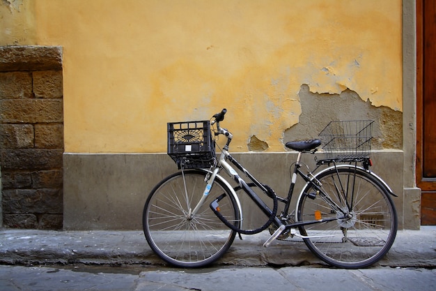 Old bicycle parked in front of a rustic cottage