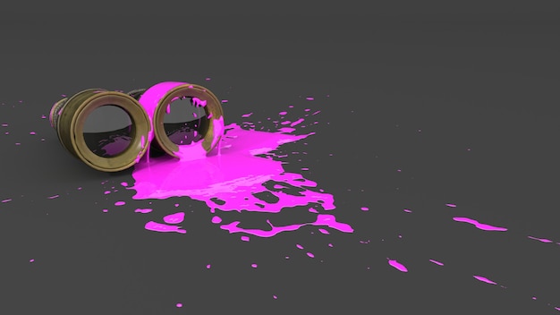 Old binoculars stained with pink paint in the form of a blot, 3d illustration