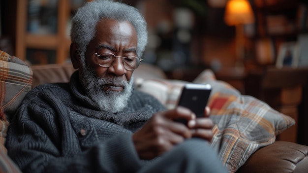 Photo an old black man texting and social networking online while sitting on a couch at home a mature male reading messages on his phone new mobile app concept