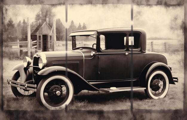 an old black and white photo of a vintage car in a field generative ai