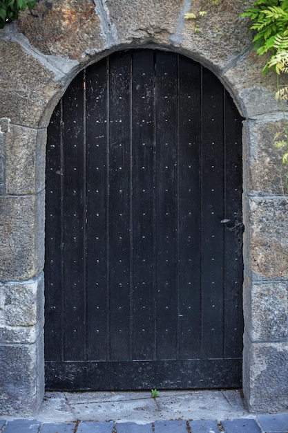 Old black wooden door to the castle