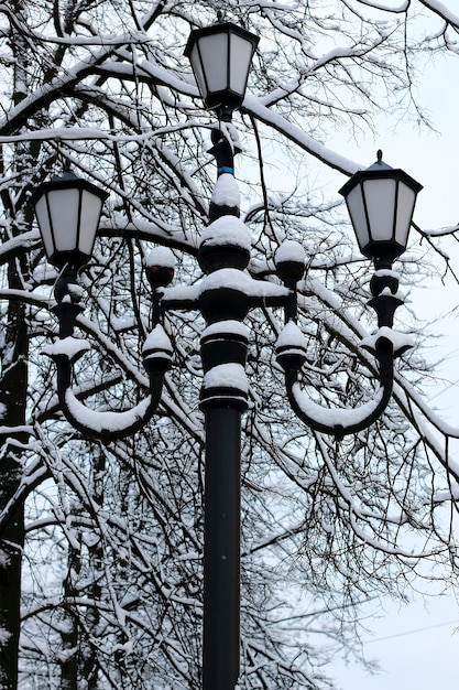 Old black wrought iron lamp winter