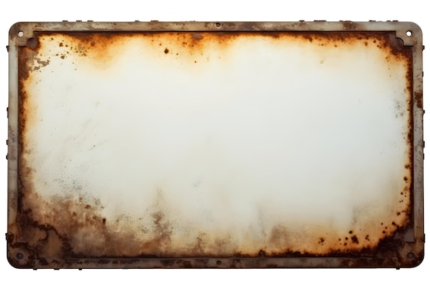 Old blank rusty metal plaque isolated on white background with copy space distressed grunge steel