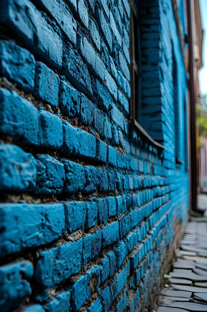 An old blue brick wall with yellow paint on it