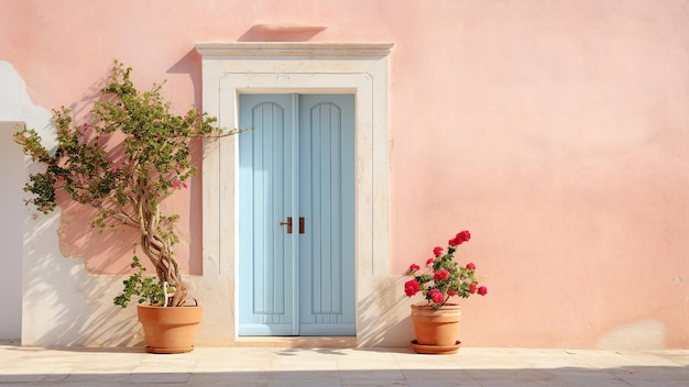 Old blue Door and flower pots on the street in mediterranean