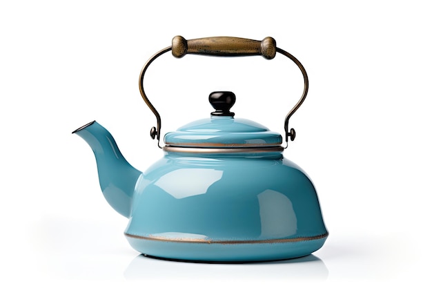 Old blue metal kettle isolated on white