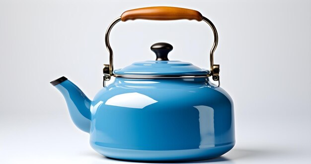 Old blue metal kettle isolated on white