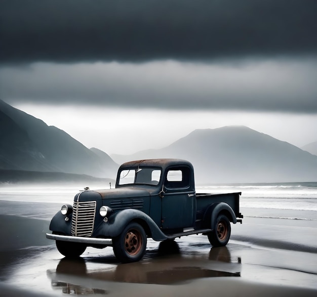 an old blue truck is on the beach with a cloudy sky in the background