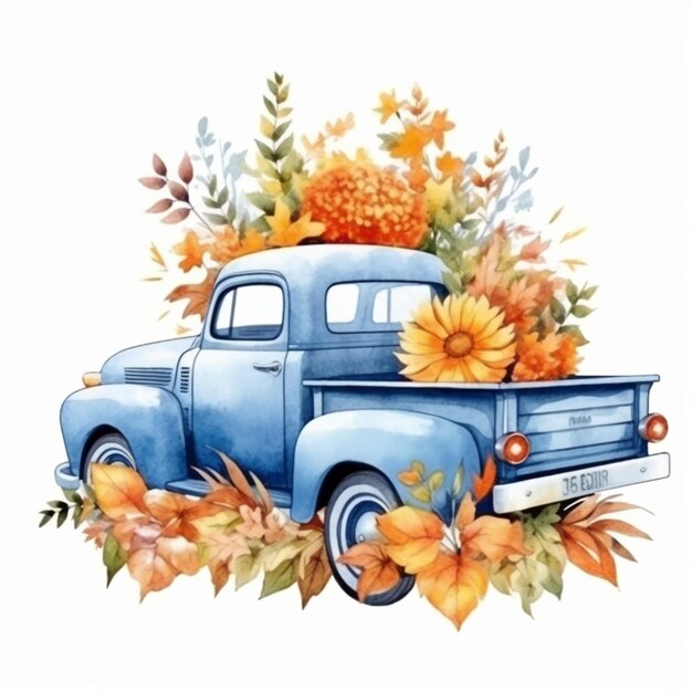 An old blue truck with flowers and leaves on the back generative ai