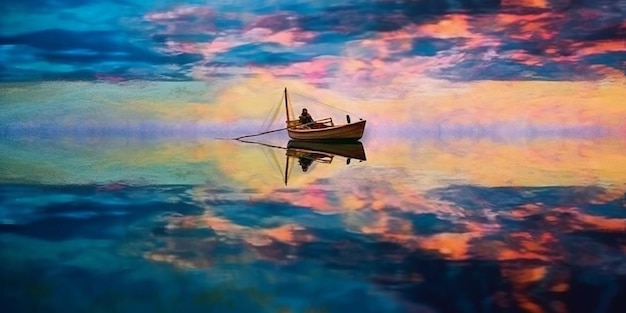 An old boat sits on a lake as dark clouds pass