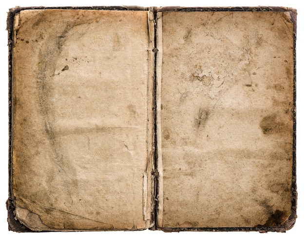 Old book open isolated on white background. Grungy worn paper texture