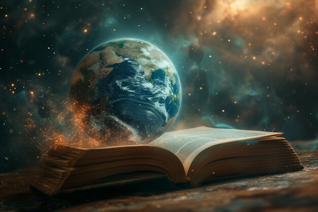 Photo an old book opens up into space and the earth globe is floating on top of it