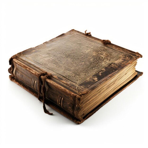 An old book sitting on top of a white surface