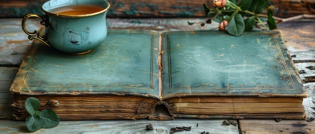 Photo in an old book there is a decorative greeting card nib pen and a cup of tea on a board of white wood