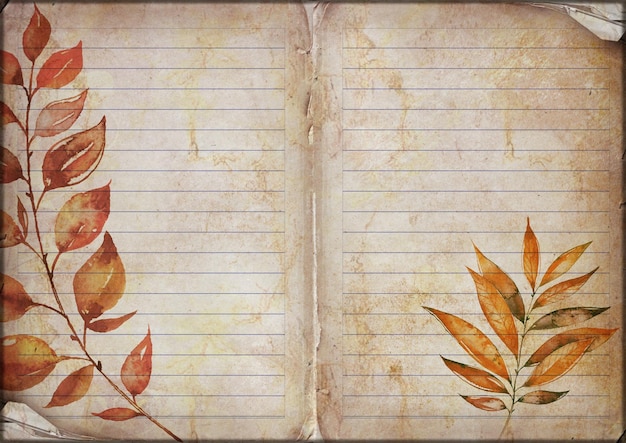 Old book with autumn leaves on a grunge background Vector illustration