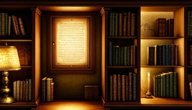 Foto vecchio libro con lettere volanti e luce magica sullo sfondo dello scaffale della biblioteca anci