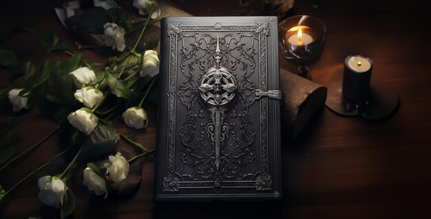 Photo old book with key book and rosary a dark prayer book for a paladin with silver ornaments