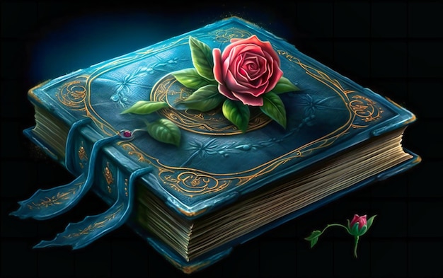 An old book with a rose next to it