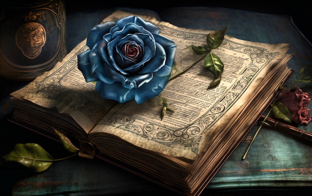 An old book with a rose next to it