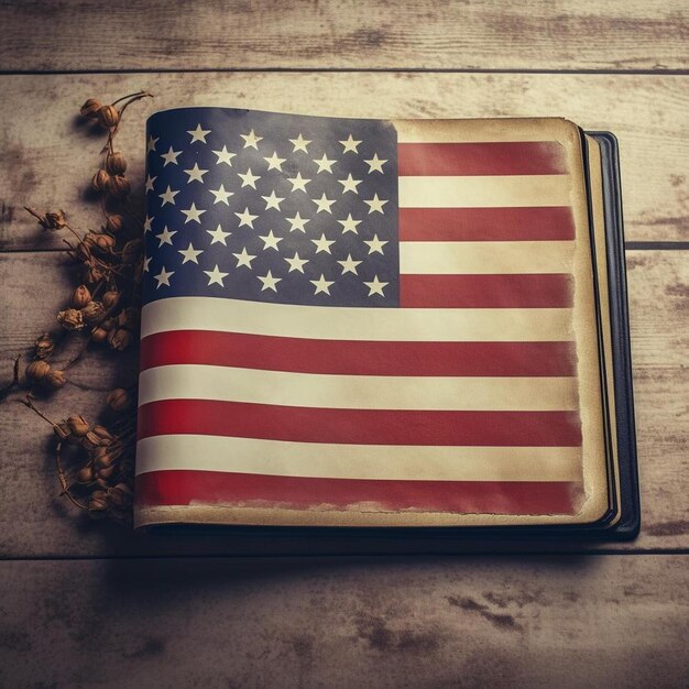 Photo an old book with stars and stripes on it is open to a page with a flag on it.