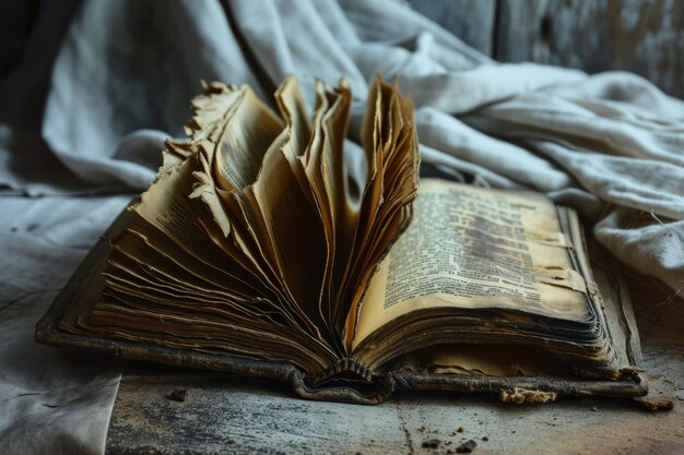 Old book on wooden table on dark rustic background