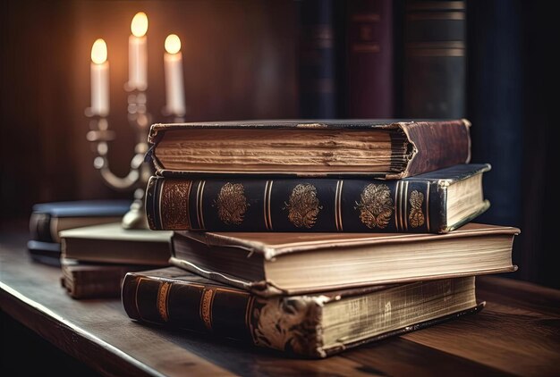 Old books on antique table closeup