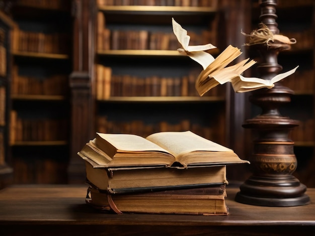 Photo old books on the background of a wooden