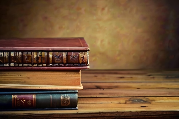 Old books stacked on a wooden desk photographed with in a dim lit study with selective focus