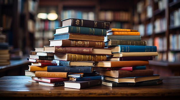 Old books on the table in the librarygenerative ai