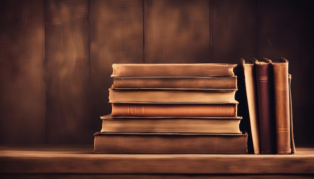 Old books on wooden shelf and ray of light Bookshelf history theme grunge background