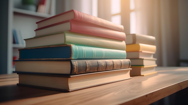 Old books on a wooden table Generative AI