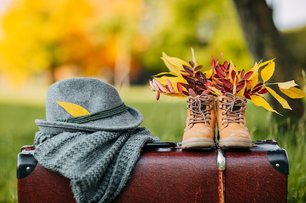 Foto vecchi stivali, cappello di feltro e sciarpa lavorata a maglia sulla valigia vintage marrone nella foresta di autunno