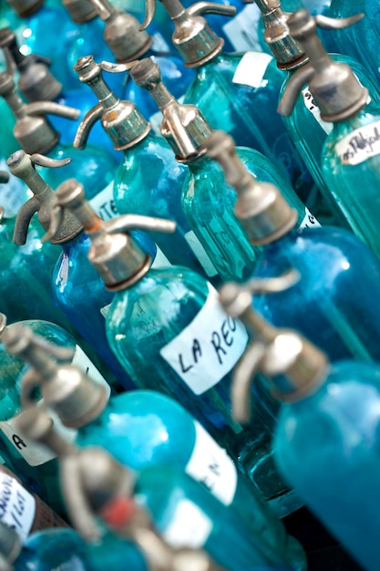 Old bottles of seltz water in a flea market