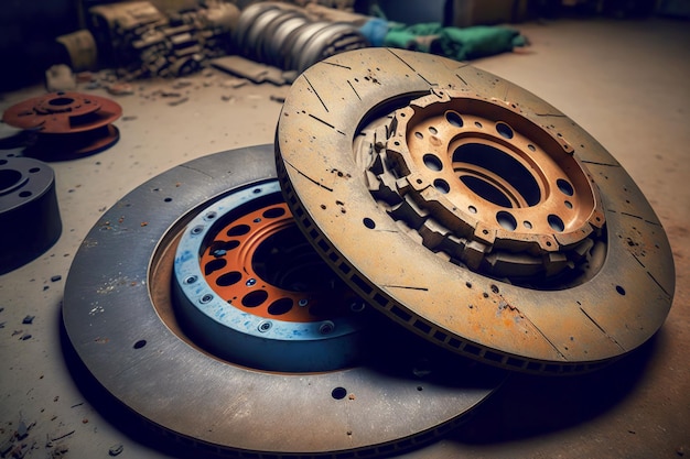 Old brake discs removed from car lie on floor in car service