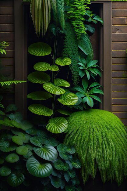 Photo old brick wall covered with mosses and tropical forest plants ferns selaginella begonia growing